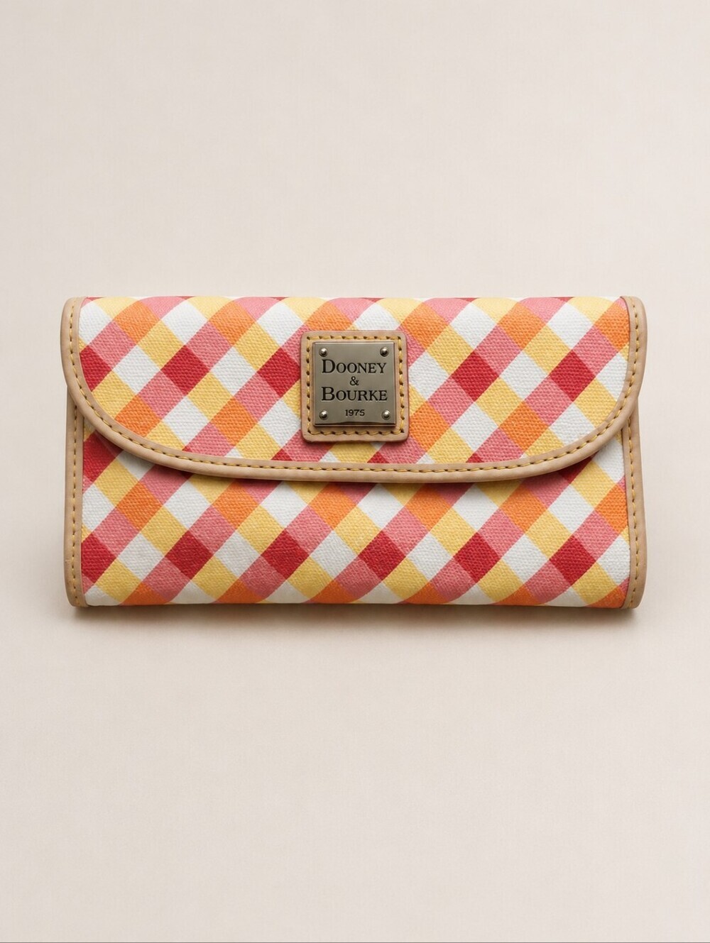 Dooney & Bourke Gingham Continental Wallet Pink Orange Yellow Plaid Leather